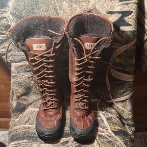 UGG Brown Tall Lace-Up Shearling-Trim Boots